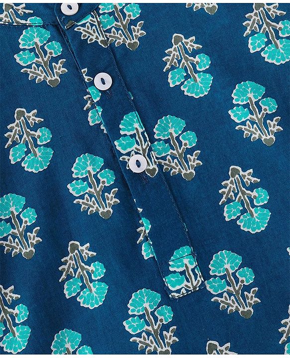 Babyhug Cotton Woven Full Sleeves Floral Printed Kurta & Dhoti Set - Indigo & White