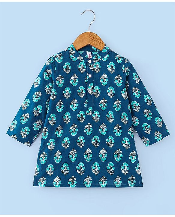 Babyhug Cotton Woven Full Sleeves Floral Printed Kurta & Dhoti Set - Indigo & White