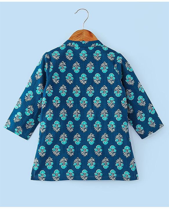 Babyhug Cotton Woven Full Sleeves Floral Printed Kurta & Dhoti Set - Indigo & White