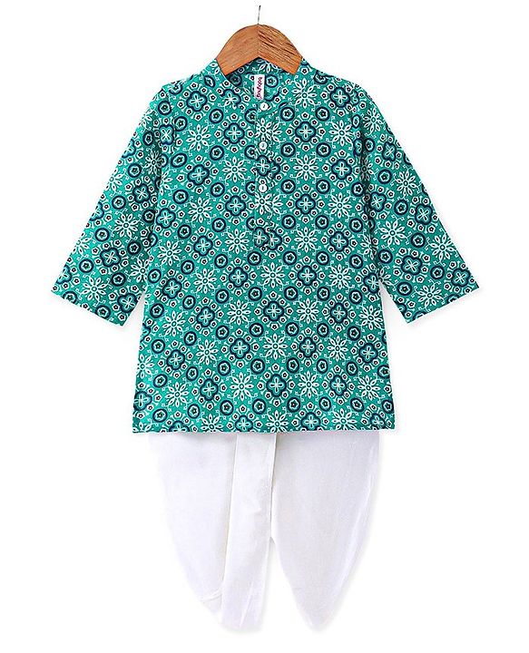 Babyhug 100% Cambric Full Sleeve Printed Kurta With Solid Dhoti Set - Teal Blue
