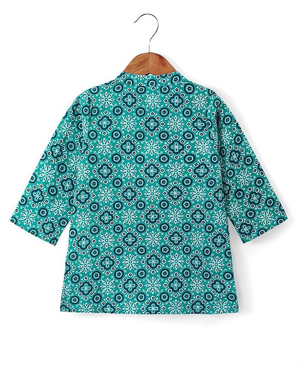 Babyhug 100% Cambric Full Sleeve Printed Kurta With Solid Dhoti Set - Teal Blue