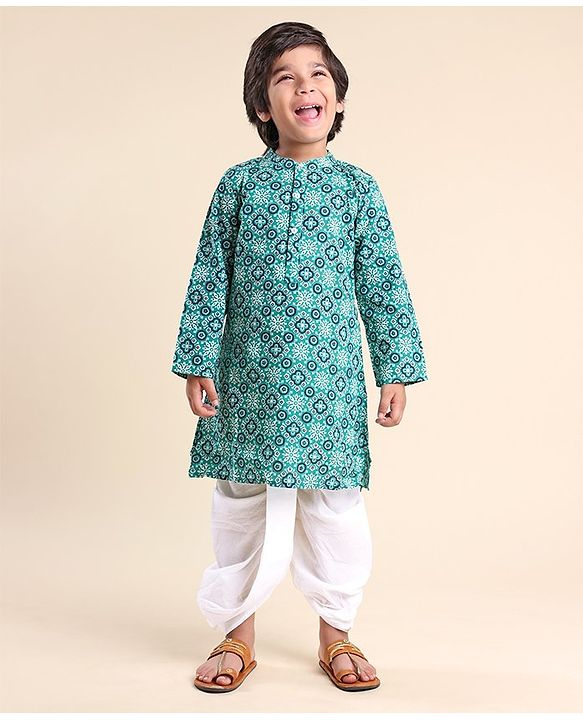 Babyhug 100% Cambric Full Sleeve Printed Kurta With Solid Dhoti Set - Teal Blue