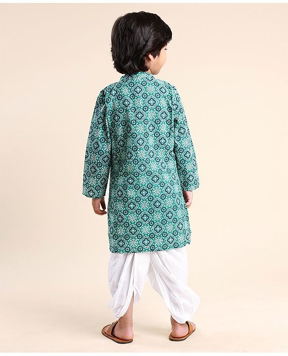 Babyhug 100% Cambric Full Sleeve Printed Kurta With Solid Dhoti Set - Teal Blue
