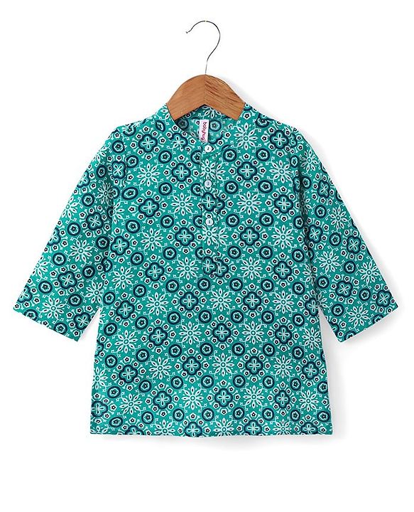Babyhug 100% Cambric Full Sleeve Printed Kurta With Solid Dhoti Set - Teal Blue