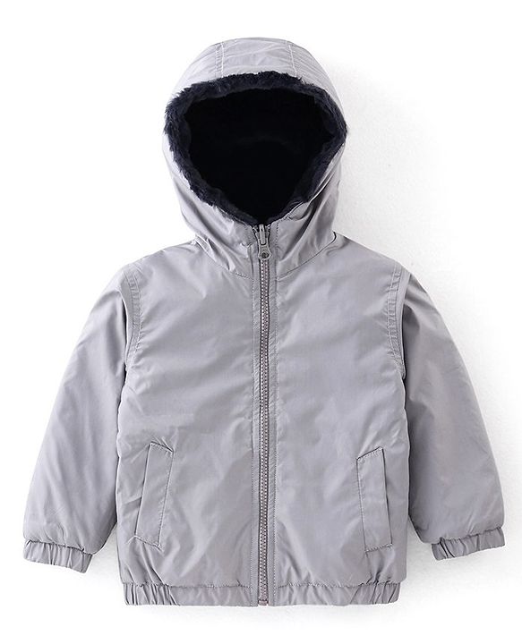Babyhug Full Sleeves Solid Colored Reversible Jacket with Pockets - Silver