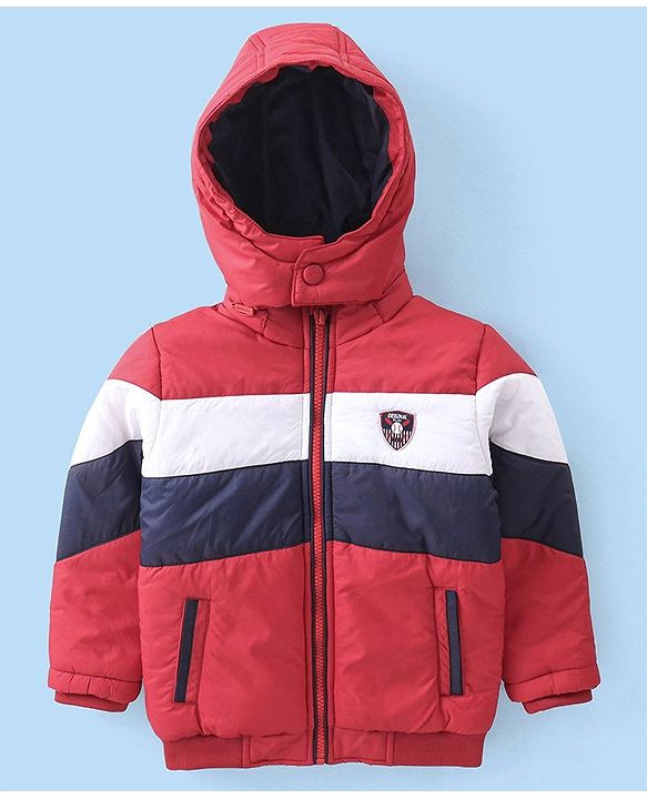 Babyhug Woven Full Sleeves Jacket With Detachable Hood - Red White & Blue