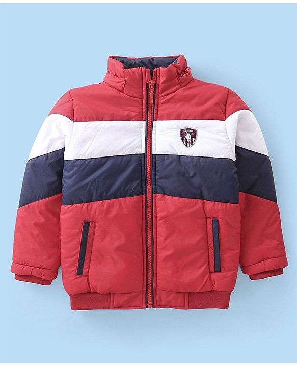 Babyhug Woven Full Sleeves Jacket With Detachable Hood - Red White & Blue
