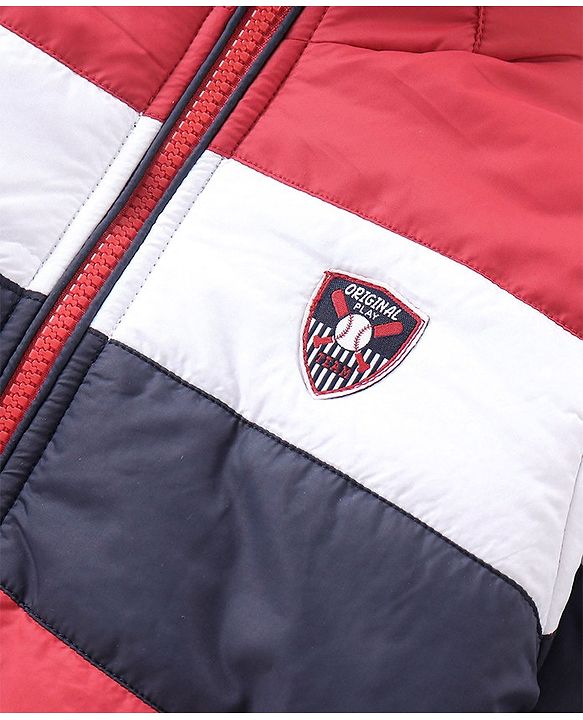 Babyhug Woven Full Sleeves Jacket With Detachable Hood - Red White & Blue