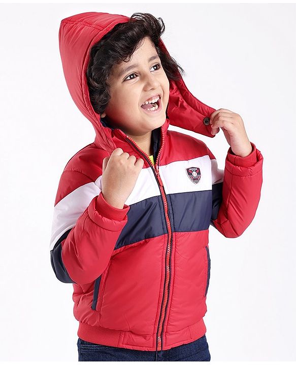 Babyhug Woven Full Sleeves Jacket With Detachable Hood - Red White & Blue