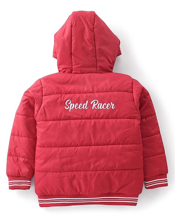 Babyhug Woven Full Sleeves Jacket With Hood & Car Applique - Red
