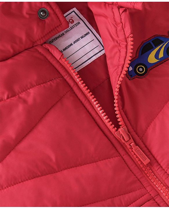 Babyhug Woven Full Sleeves Jacket With Hood & Car Applique - Red