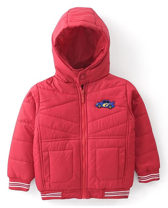 Babyhug Woven Full Sleeves Jacket With Hood & Car Applique - Red