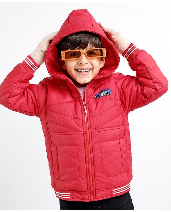 Babyhug Woven Full Sleeves Jacket With Hood & Car Applique - Red