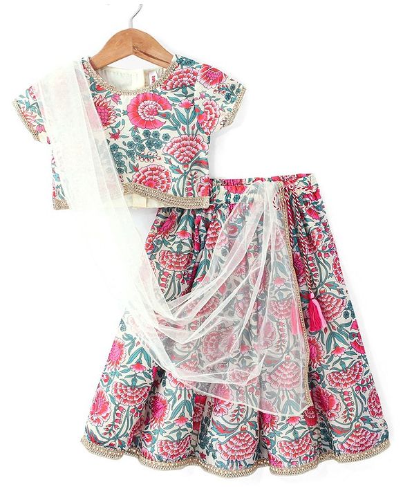 Babyhug 100% Cotton Short Sleeves Floral Printed Choli and Lehenga with Crushed Mull Dupatta Set - Cream