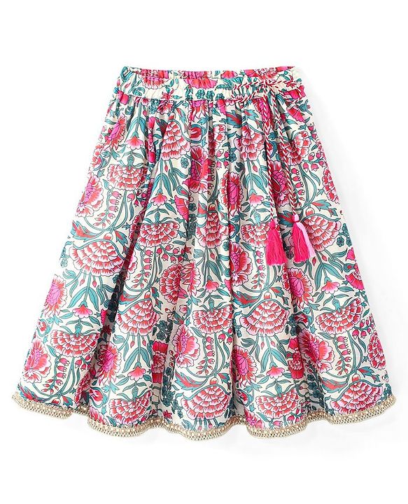 Babyhug 100% Cotton Short Sleeves Floral Printed Choli and Lehenga with Crushed Mull Dupatta Set - Cream
