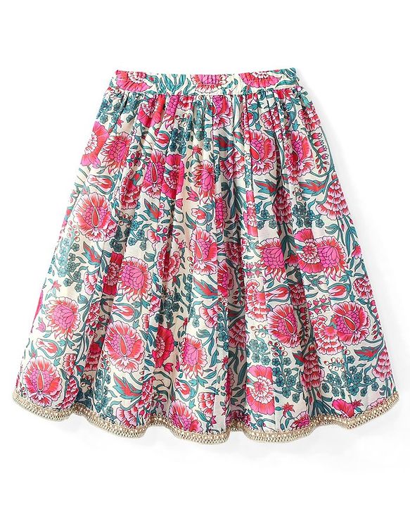 Babyhug 100% Cotton Short Sleeves Floral Printed Choli and Lehenga with Crushed Mull Dupatta Set - Cream