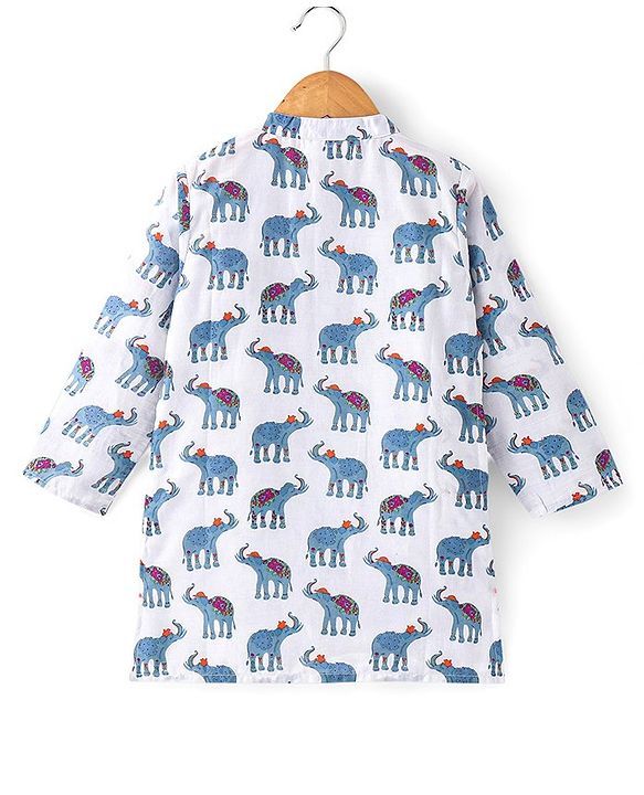 Babyhug 100% Cambric Full Sleeve Elephant Printed Kurta With Solid Dhoti Set - White & Navy