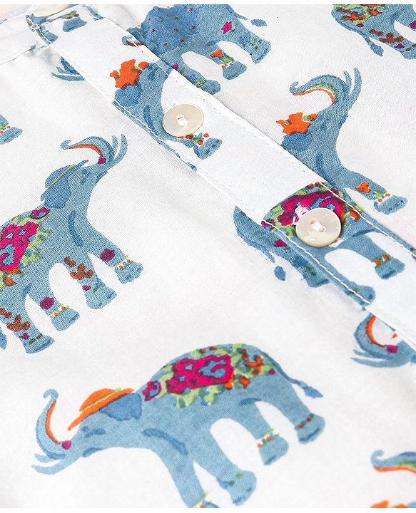 Babyhug 100% Cambric Full Sleeve Elephant Printed Kurta With Solid Dhoti Set - White & Navy