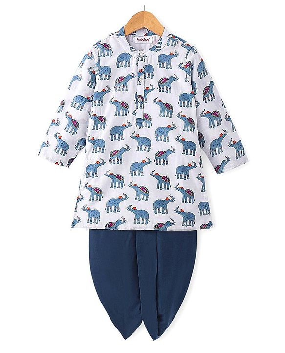 Babyhug 100% Cambric Full Sleeve Elephant Printed Kurta With Solid Dhoti Set - White & Navy