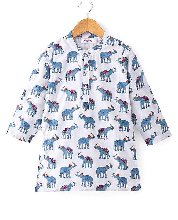 Babyhug 100% Cambric Full Sleeve Elephant Printed Kurta With Solid Dhoti Set - White & Navy
