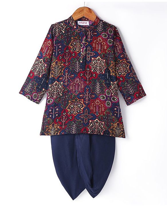 Babyhug Rayon Full Sleeves All Over Printed Dhoti Kurta Set - Navy Blue