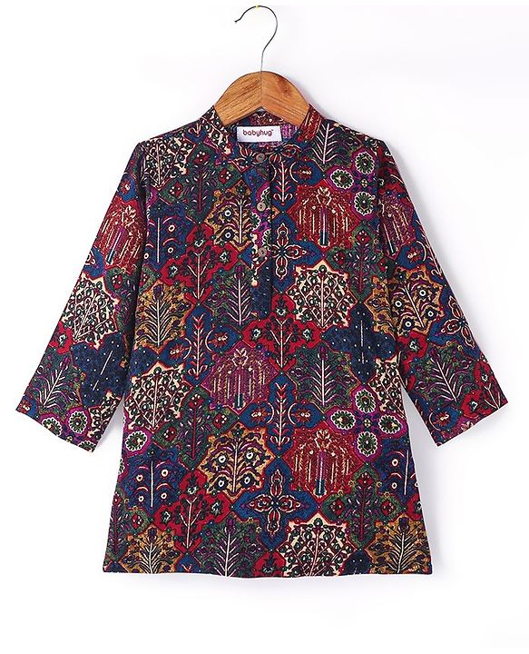 Babyhug Rayon Full Sleeves All Over Printed Dhoti Kurta Set - Navy Blue