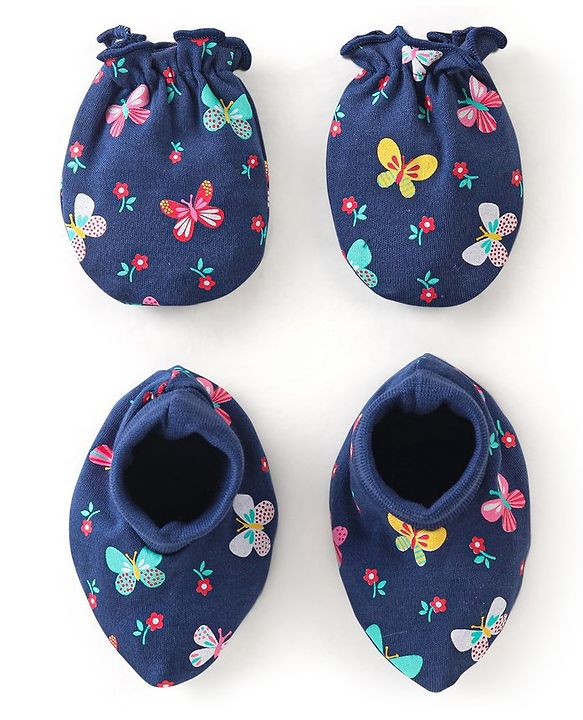 Babyhug Interlock 100% Cotton Knit Mittens & Booties Butterfly Print - Navy Blue