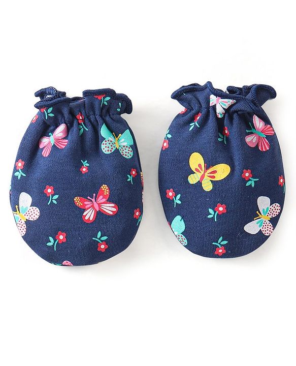 Babyhug Interlock 100% Cotton Knit Mittens & Booties Butterfly Print - Navy Blue
