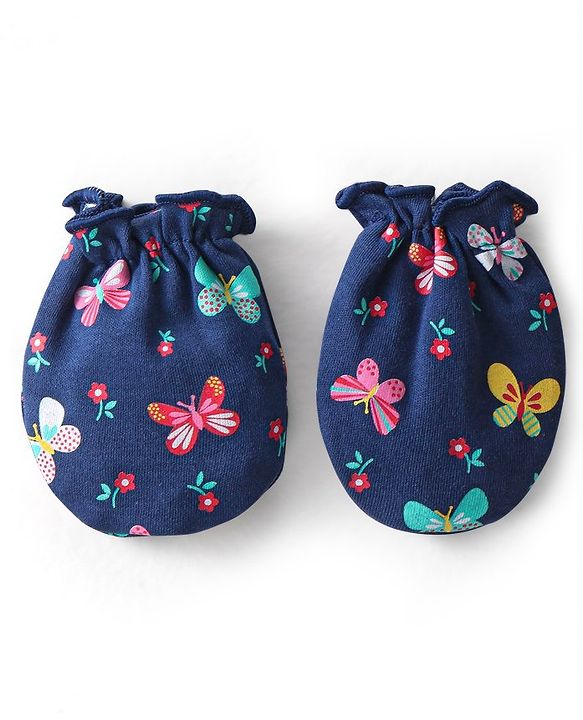 Babyhug Interlock 100% Cotton Knit Mittens & Booties Butterfly Print - Navy Blue