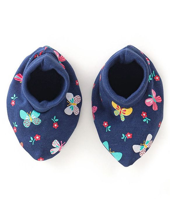 Babyhug Interlock 100% Cotton Knit Mittens & Booties Butterfly Print - Navy Blue
