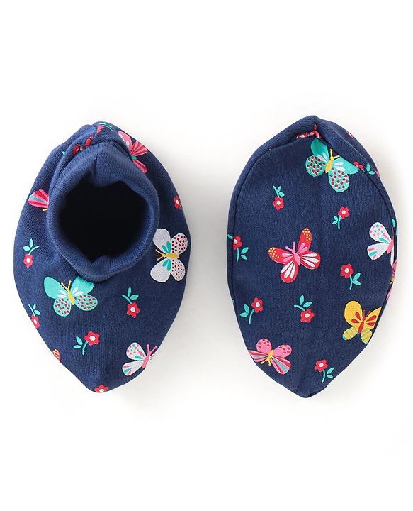 Babyhug Interlock 100% Cotton Knit Mittens & Booties Butterfly Print - Navy Blue