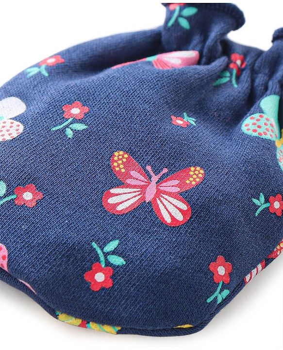 Babyhug Interlock 100% Cotton Knit Mittens & Booties Butterfly Print - Navy Blue