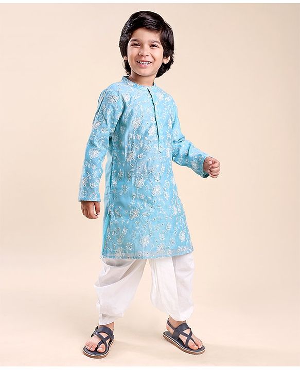 Babyhug 100% Cotton Knit Full Sleeve Embroidered Kurta & Dhoti Set - Auqa Blue