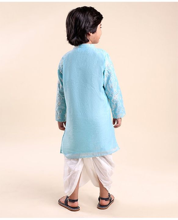 Babyhug 100% Cotton Knit Full Sleeve Embroidered Kurta & Dhoti Set - Auqa Blue