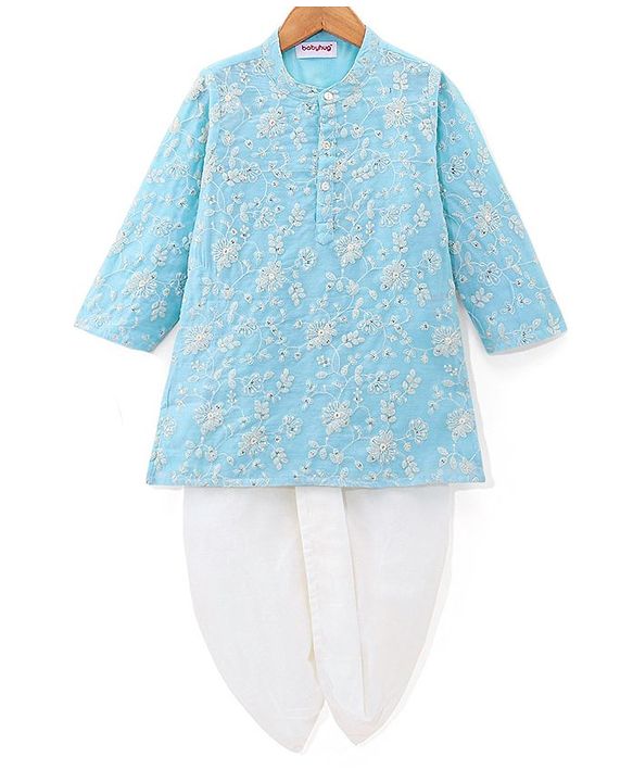 Babyhug 100% Cotton Knit Full Sleeve Embroidered Kurta & Dhoti Set - Auqa Blue