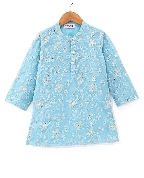 Babyhug 100% Cotton Knit Full Sleeve Embroidered Kurta & Dhoti Set - Auqa Blue