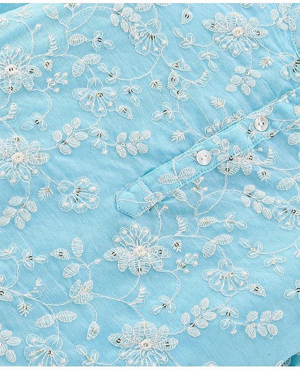 Babyhug 100% Cotton Knit Full Sleeve Embroidered Kurta & Dhoti Set - Auqa Blue