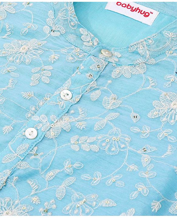 Babyhug 100% Cotton Knit Full Sleeve Embroidered Kurta & Dhoti Set - Auqa Blue