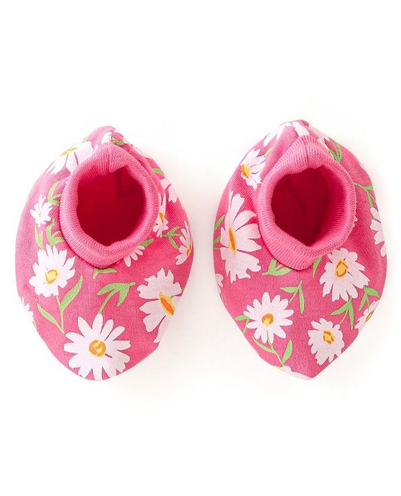 Babyhug Interlock 100% Cotton Knit Mittens & Booties Floral Print - Pink