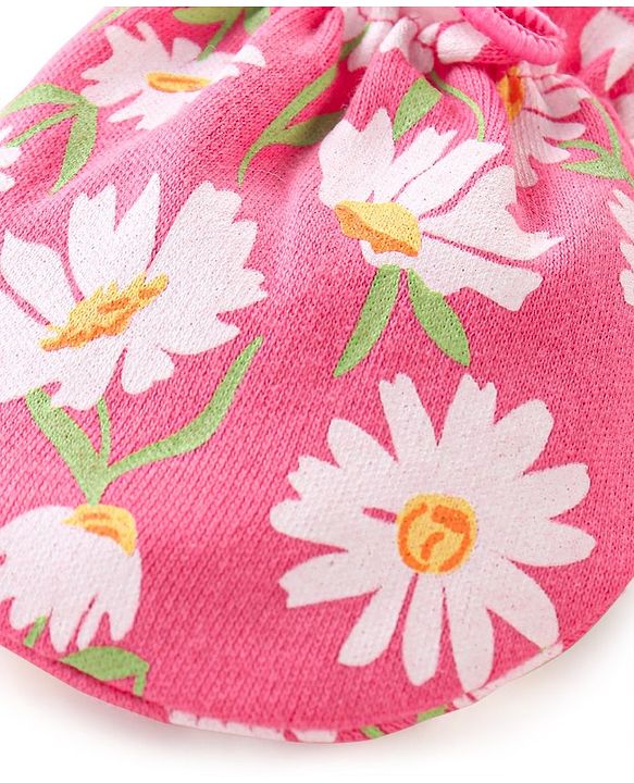 Babyhug Interlock 100% Cotton Knit Mittens & Booties Floral Print - Pink
