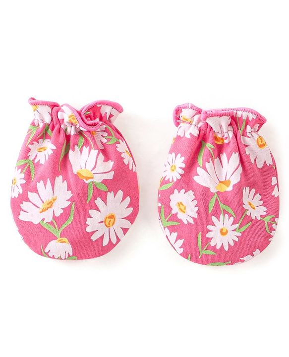Babyhug Interlock 100% Cotton Knit Mittens & Booties Floral Print - Pink