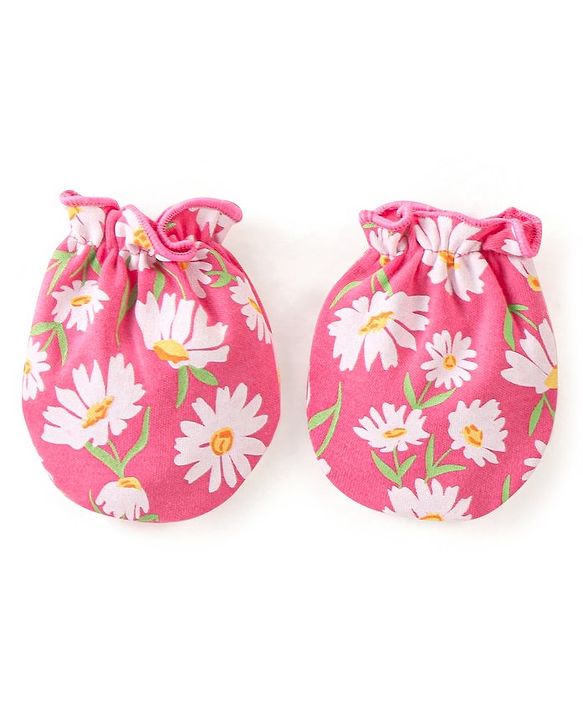 Babyhug Interlock 100% Cotton Knit Mittens & Booties Floral Print - Pink