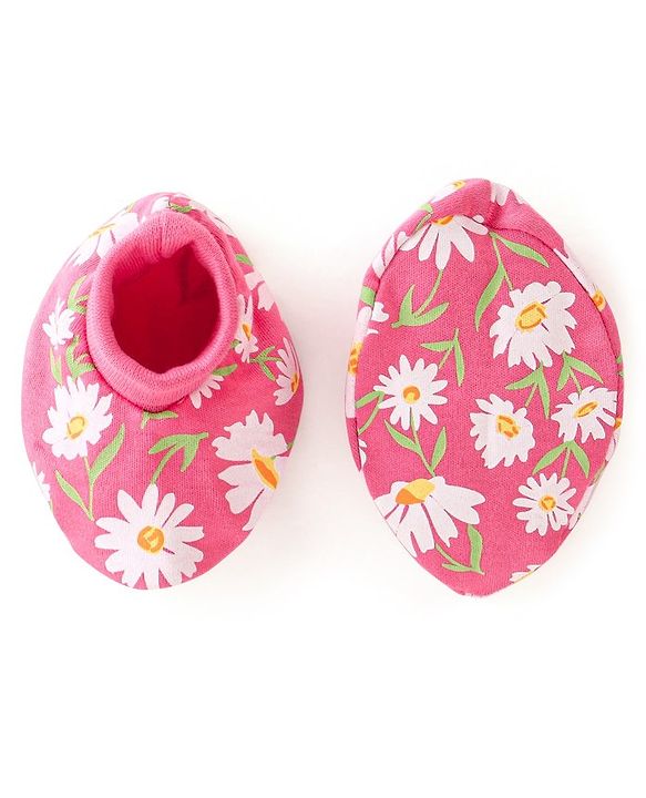 Babyhug Interlock 100% Cotton Knit Mittens & Booties Floral Print - Pink