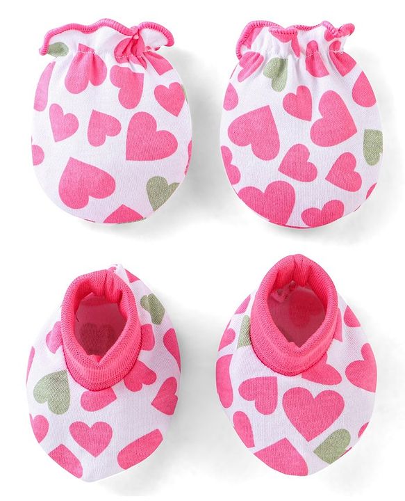 Babyhug Interlock 100% Cotton Knit Mittens & Booties Heart Print - Pink