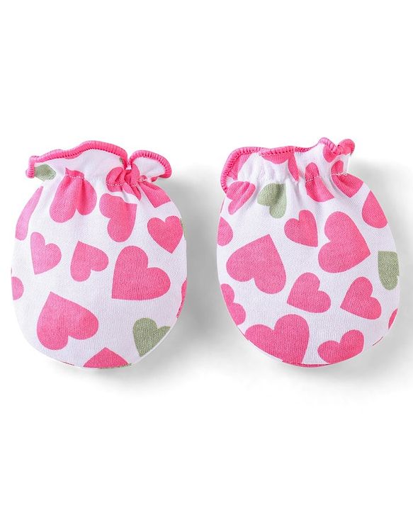 Babyhug Interlock 100% Cotton Knit Mittens & Booties Heart Print - Pink