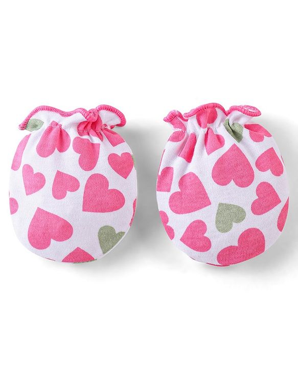 Babyhug Interlock 100% Cotton Knit Mittens & Booties Heart Print - Pink