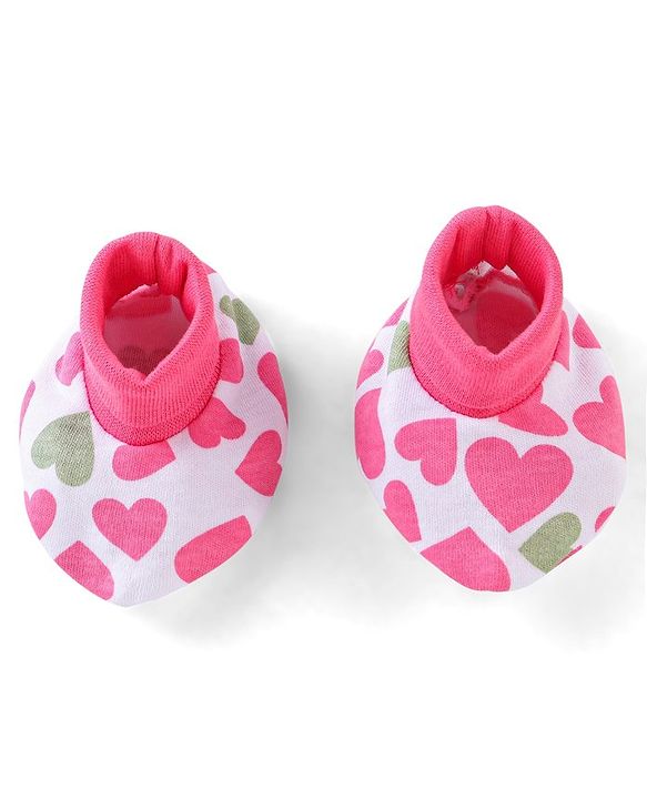Babyhug Interlock 100% Cotton Knit Mittens & Booties Heart Print - Pink