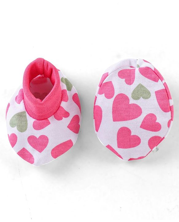 Babyhug Interlock 100% Cotton Knit Mittens & Booties Heart Print - Pink