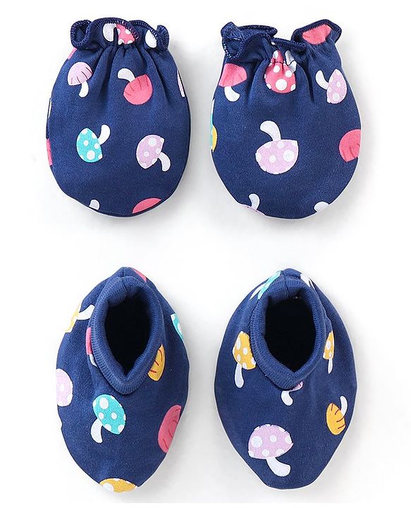 Babyhug 100% Cotton Knit Mushroom Printed Mittens & Booties Set - Navy Blue