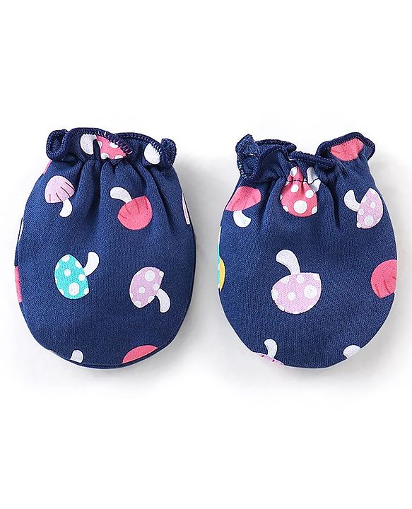 Babyhug 100% Cotton Knit Mushroom Printed Mittens & Booties Set - Navy Blue
